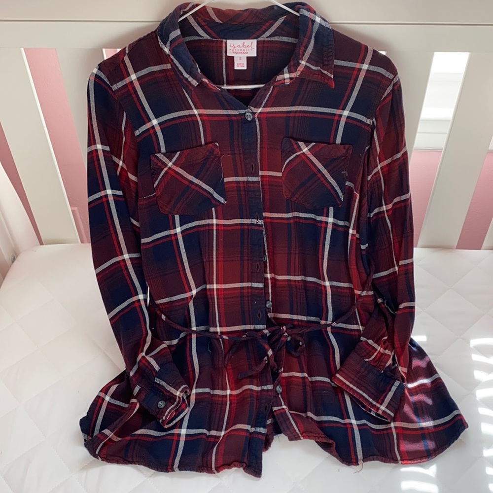Isabel Maternity Red Plaid Collared Top